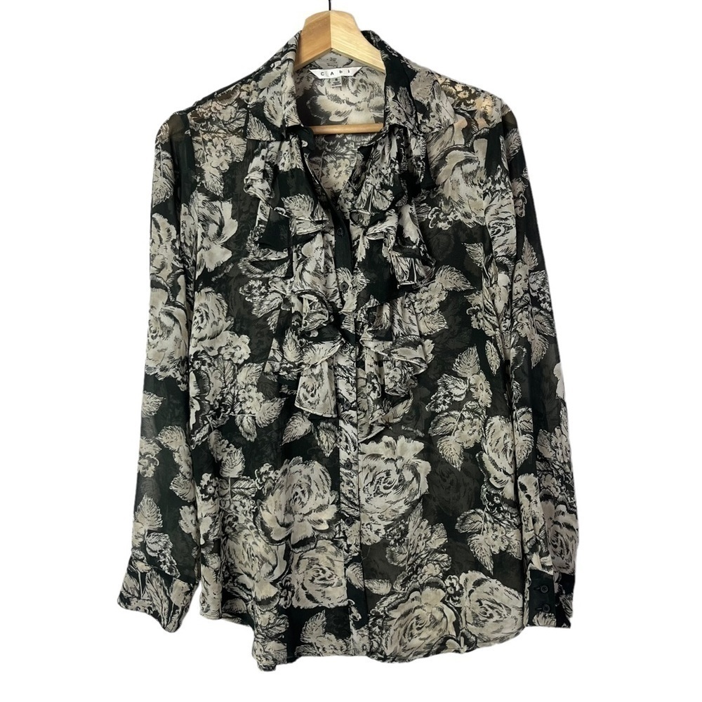 Cabi Irresistible Black &‎ White Floral Ruffle Long Sleeve S #555